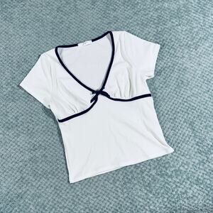 GAGE two tone white/black contrast babydoll crop cap sleeve office siren blouse